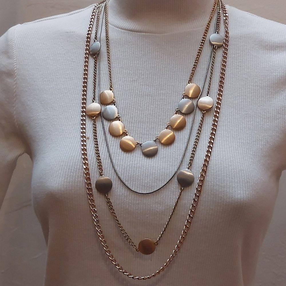 Trendy Chic 4 Layered Two Tone Gold Silver Statement Necklace - Picture 4 of 5